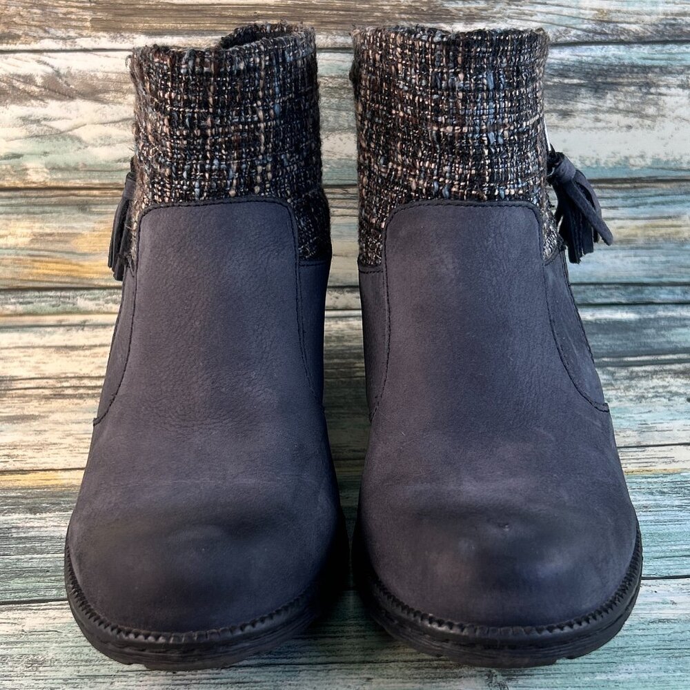 BOC Ankle Boot Womens 6.5 Blue/Gray Leather Tweed Knit Cuff Tassel Short Western